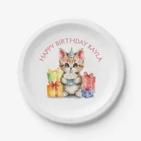 Cute Personalized Kitten in Birthday Hat  Paper Plates