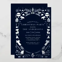 Festive Modern Silver Navy Blue Christmas Party Foil Invitation