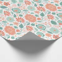 Minimalist Coral and Green Abstract Flowers Wrapping Paper