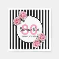 Black stripes pink flowers name 80th birthday napkins