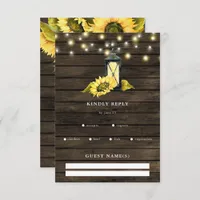 Barn Wood String Lights Sunflowers Lantern Wedding RSVP Card