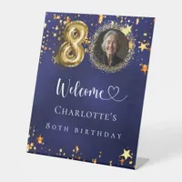 80th Birthday blue gold stars photo welcome Pedestal Sign