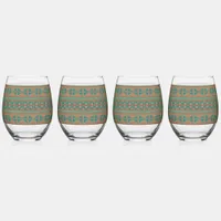 Southwest Teal Copper Colors Geometric Pattern Stemless Wine Glass