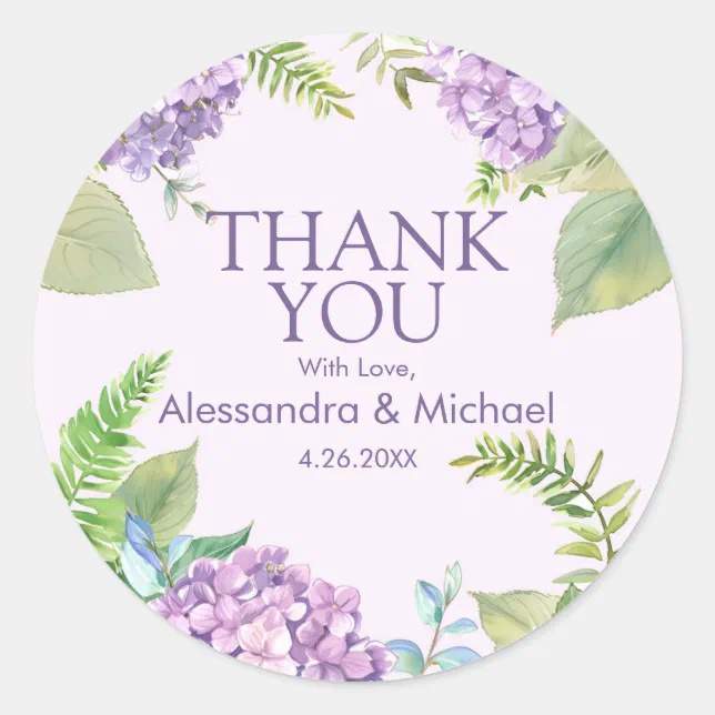 Watercolor Lavender Hydrangea Wedding Thank You Classic Round Sticker