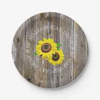 Eat, Drink and Be Married Wood and Sunflower Paper Plates