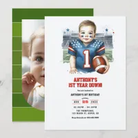 First Year Down Football 1st Birthday Party Photo Invitation