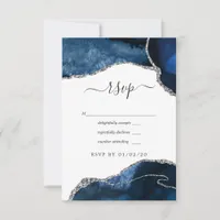 Navy and Silver Agate Wedding RSVP Card