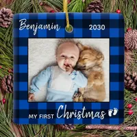 First Christmas Blue Buffalo Plaid Cute Baby Photo Ceramic Ornament