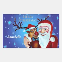 Watercolor Magical Santa Claus Smiling Rudolph Rectangular Sticker