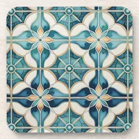 Floral Moroccan Tile Pattern#1 Teal White ID1078 Beverage Coaster