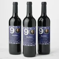 90th birthday navy blue silver stars photo wine label