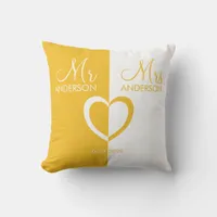 Yellow white Mr Mrs name heart wedding gift Throw Pillow