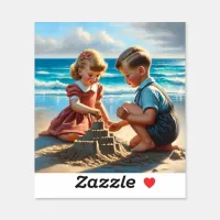 Children Building a Sandcastle on the Beach  Sticker