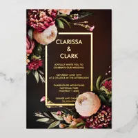 Dark Moody Bold Floral Marsala Wedding  Foil Invitation