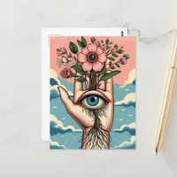 Surreal Gardeners Hand With Pink Flowers Postcard