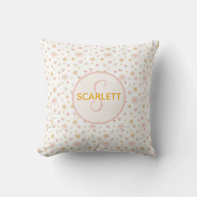 Kids Cute Name Pink Orange Pattern of Suns Hearts  Throw Pillow