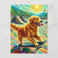 Skateboarding Adorable Golden Retriever Dog  Postcard