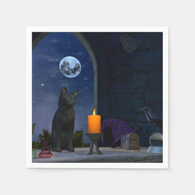 Cute Black Cat Staring at a Candle Napkins