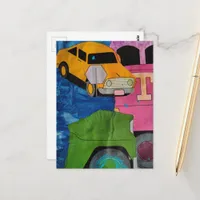 Yellow Car Pink and Green Truckmixed media collage Postcard