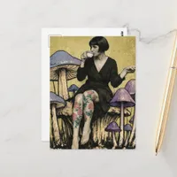 Woman Sits on Purple Mushrooms Drinking Tea Postcard