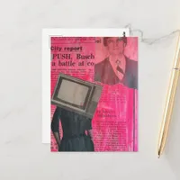 Woman With TV Head Newspaper Mixed Media Collage Postcard