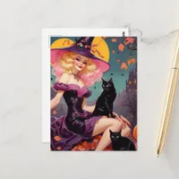 A witch with her black cats postcard