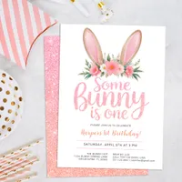 Pink Glitter Bunny Floral First Birthday Party Invitation