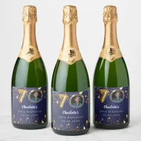 70th birthday navy blue gold stars photo sparkling wine label