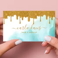 Gold Glitter Drips Teal Watercolor Makeup Artist Business Card