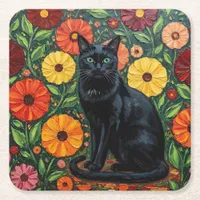 Black Cat and Colorful Folk Art Flowers Square Paper Coaster