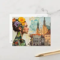 The Lady in a City Collage Flowers and Buildings Postcard