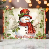 Vintage Snowman with Holly Merry Christmas Holiday Card