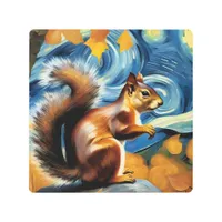 an adorable squirrel in a starry night  postcard metal print