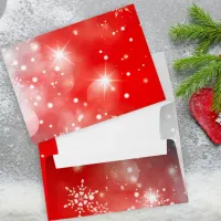 White Snowflakes Sparkles Blurred Lights on Red  Envelope