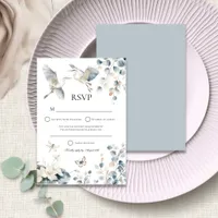 Modern Blue Heron Foliage Wedding RSVP Card