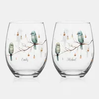 Rustic Woodland Love Birds Celebration Stemless Wine Glass