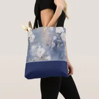 White Roses on Blue Background, Color Block Tote Bag