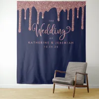 Navy Blue Rose Gold Glitter Wedding Welcome Tapestry