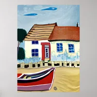 Beach House and Boat Abstract Illustration Poster