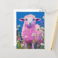 Adorable Pink Sheep in the Flowers Postcard