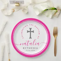 Pink Baptism Christening Naming Cross Paper Plates