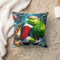 Grinch plans Christmas mischief in snow Throw Pillow