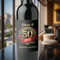 Chic Red Roses and Gold 50th Wedding Anniversary Wine Label