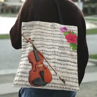 Violin and Roses Vintage Sheet Music Design Tote Bag