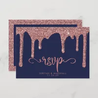 Navy Blue Rose Gold Glitter Sparkle Wedding RSVP Card