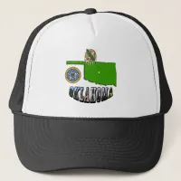 Oklahoma Map Outline, Seal, and Picture Text Trucker Hat