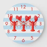 Blue white nautical stripes lobster decor large clock