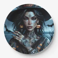 Pretty Gothic Witch with Tattoos Halloween Party Paper Plates