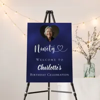 Navy blue 90th birthday party photo heart welcome foam board