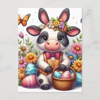 Adorable Easter Cow Bunny with Eggs Postcard